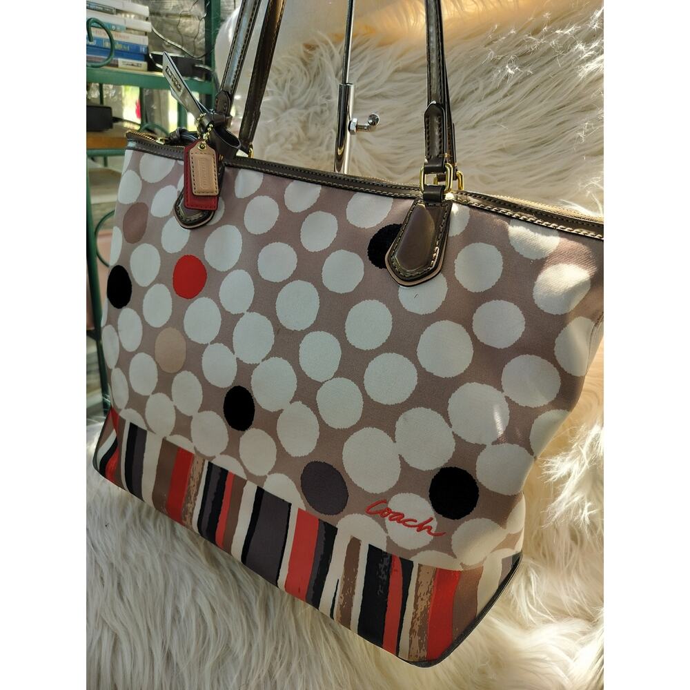 5249) Coach Poppy Polkadot Watercolor Shoulder Tote Bag Leather Trim E1320-25124 - Picture 2 of 12
